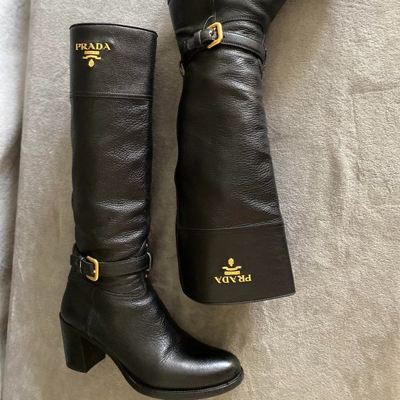 Prada Shoes - Classic Prada Black Leather Logo Heeled Knee High Boots